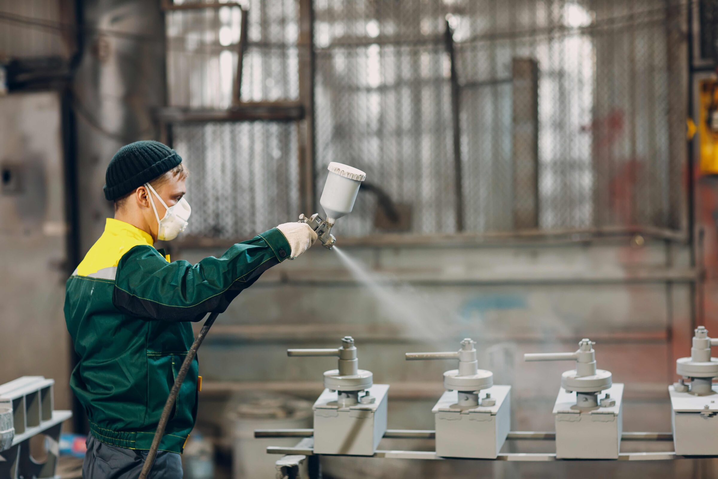 A worker in full suit and mask powder coating a component