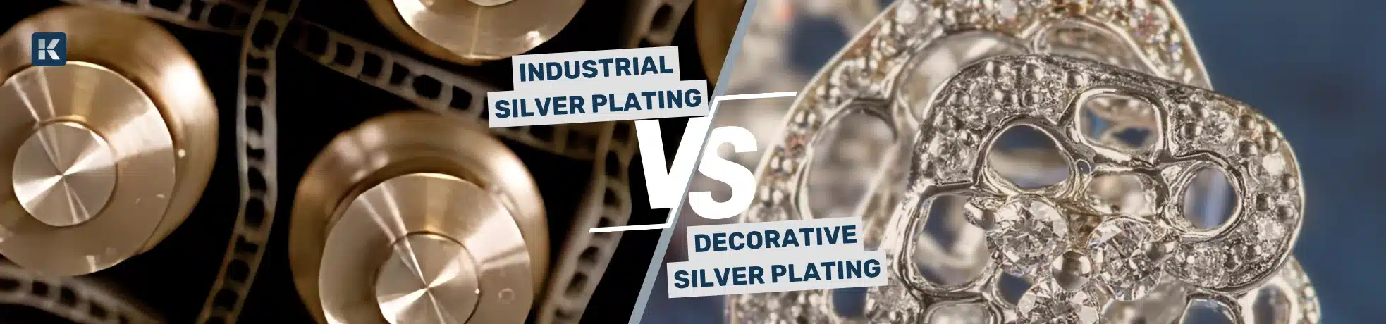 Comparison image showing industrial silver-plated components on the left and decorative silver-plated jewellery on the right