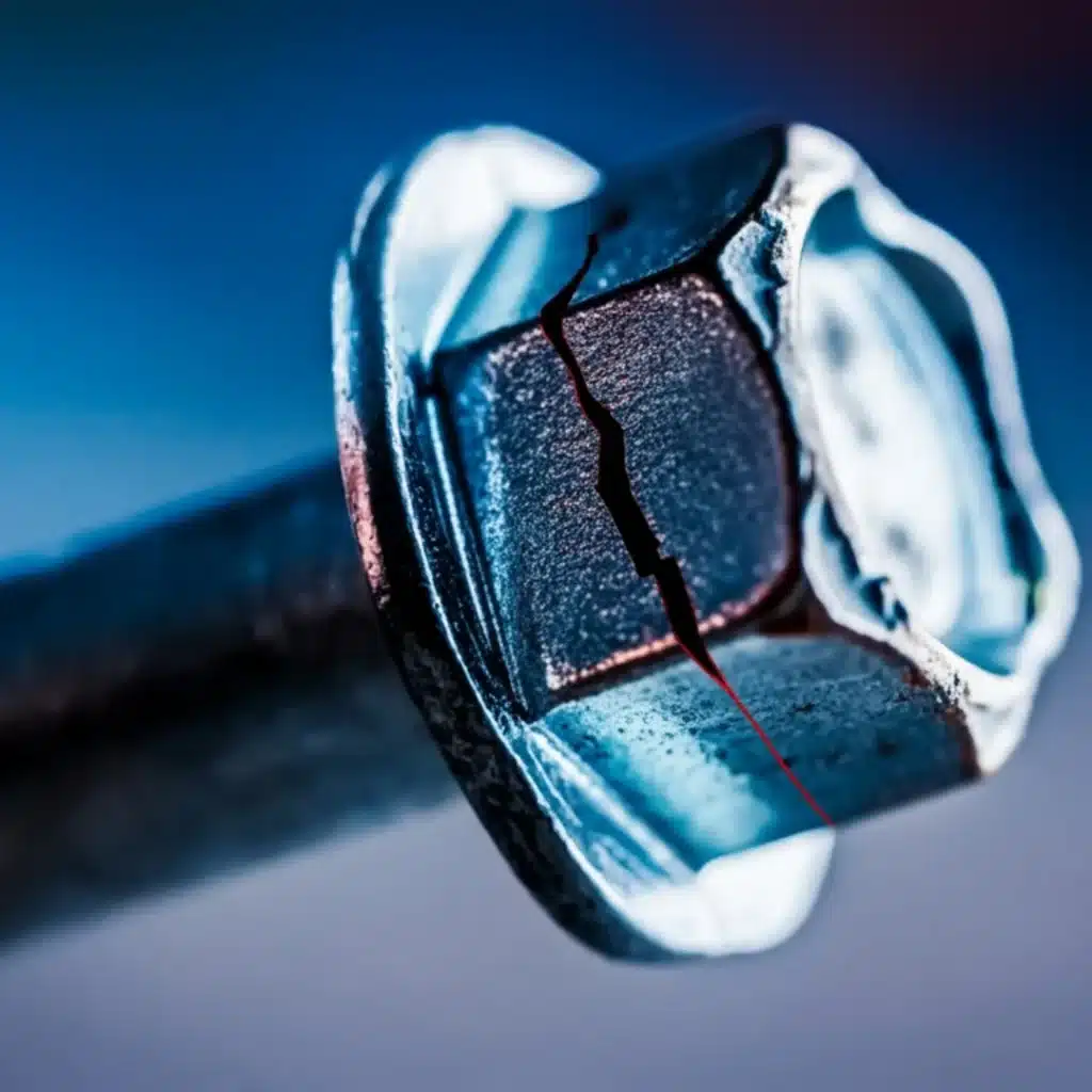 Macro image of a cracked steel bolt showing signs of hydrogen embrittlement failure