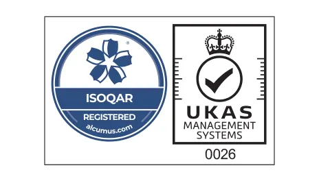 ISO 9001:2015 Quality Management certification logo from Alcumus ISOQAR and UKAS for Karas Plating.