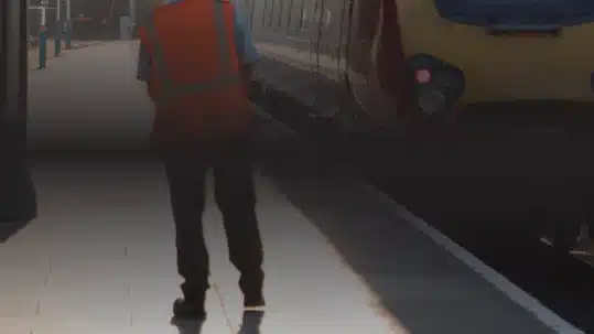 Railway worker in high-visibility vest standing beside a train at a station platform.
